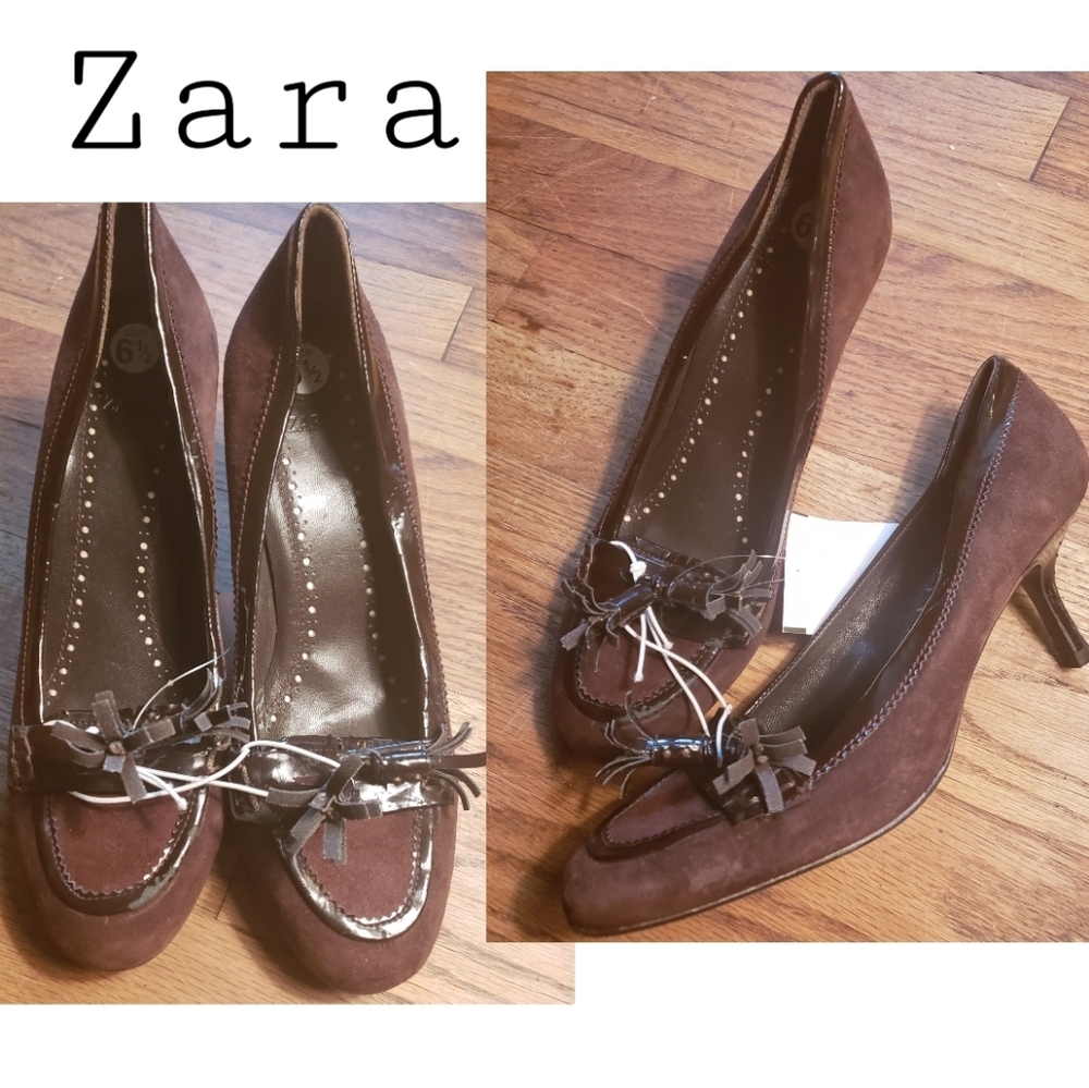 Zara brown patent/suede spectator tassle heels 6.5